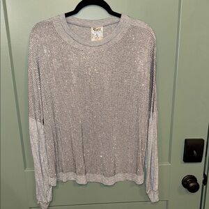 Vocal Light Grey Knit Long Sleeve Tee with beads.  Lots of shimmer and shine!